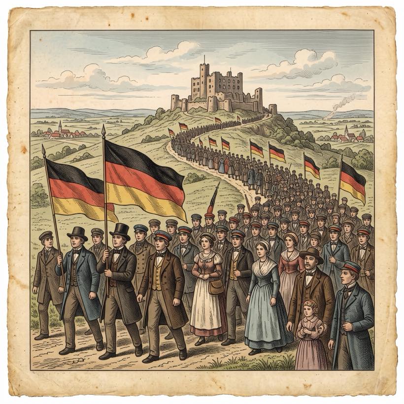 Kupferstich-artige Darstellung: ein Festzug mit Fahnen zieht 1832 hinauf zum Hambacher Schloss.